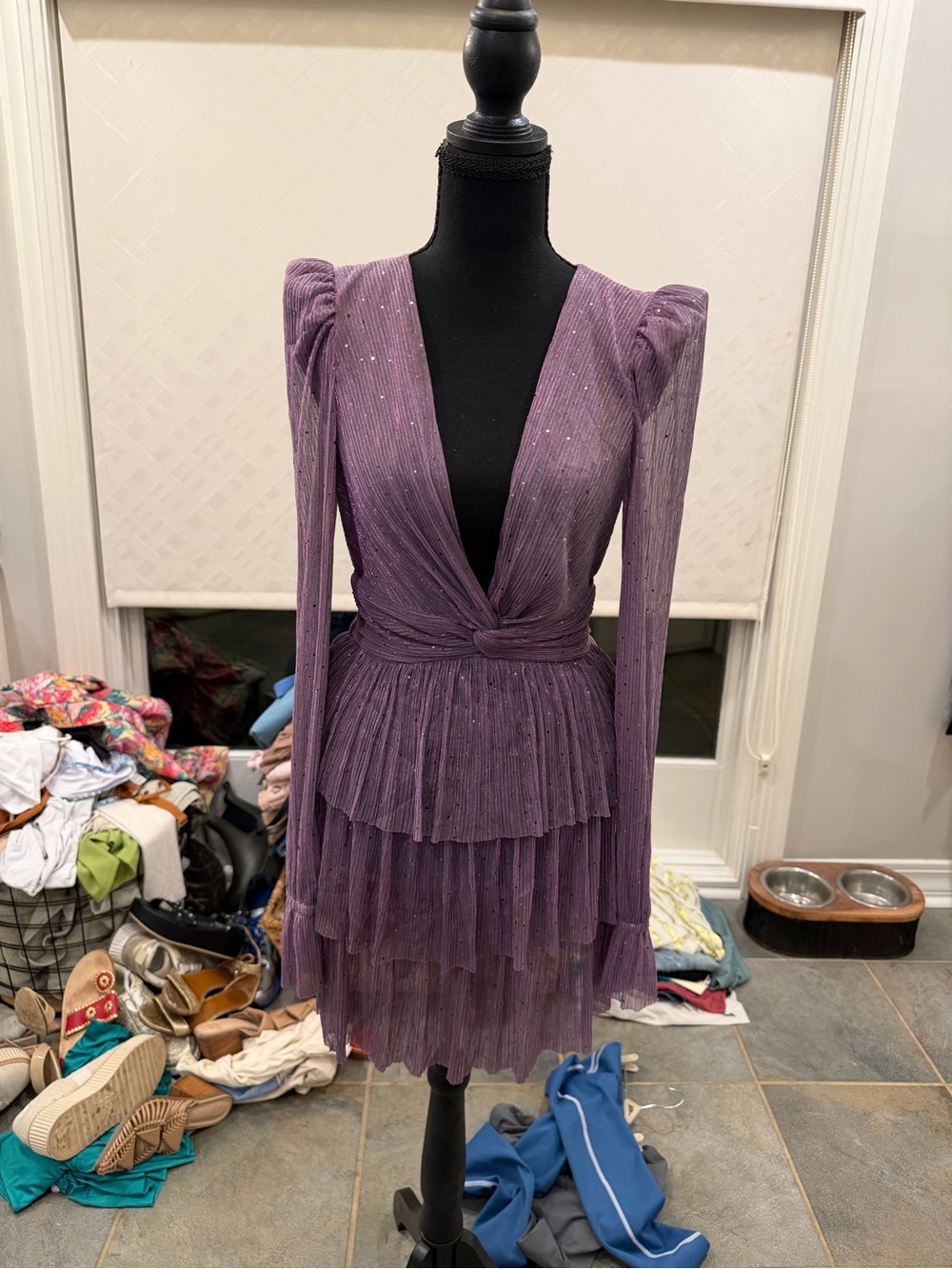 Sabina Musayev Lavender Purple Tiered Long-Sleeve V-Neck Dress